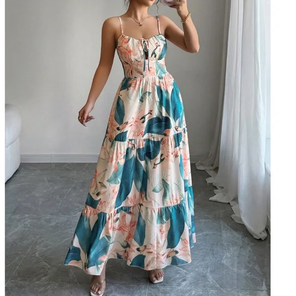 Boho Floral Tropical Print Front Tie Cami maxi Dress - Picture 2 of 5